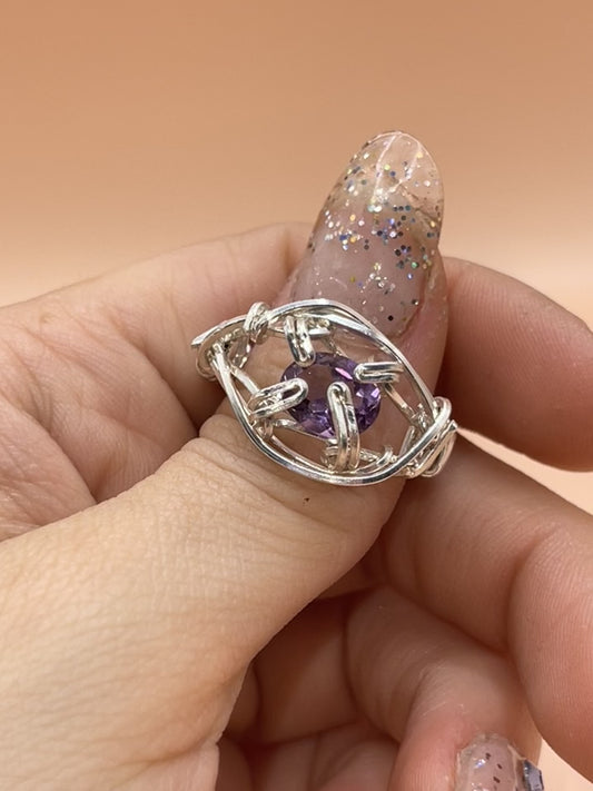 Amethyst All Seeing Eye sterling silver wire wrap ring size 9